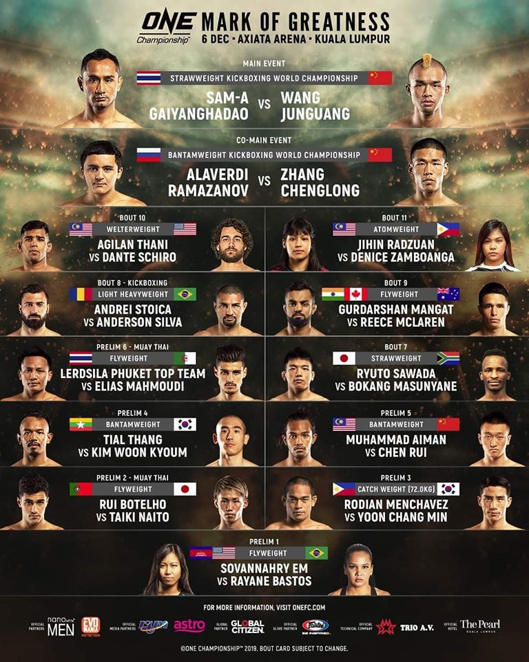 'ONE: Mark of Greatness' fight card: Sam-A Gaiyanghadao vs Wang Junguang, Alaverdi Ramazanov vs Zhang Chenglong in Kuala Lumpur, Malaysia